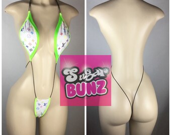 Designer LV Inspired Sling Shot w/Neon Green Trim