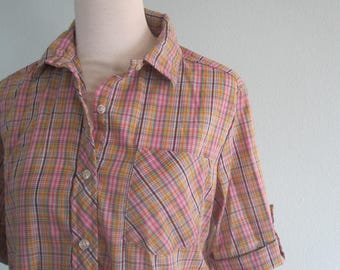 70s Plaid Blouse - Vintage Pink Plaid Shirt - Pretty 70s Plaid Shirt with Tab Sleeves - Vintage 1970s Blouse L XL