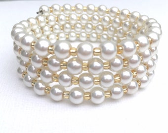 Ivory Pearl Wrap Bracelet, Simple Bridal Jewelry, Plus Size Bracelet, Pearl Bracelet, One Size Jewelry, Wedding Jewelry, Bridesmaids Gift