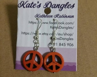 Orange beads, orange earrings, peace earrings, orange peace earrings, burnt orange jewelery, burnt orange beads, burnt orange