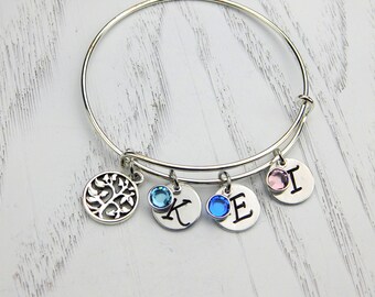 Mom Tree of Life Bracelet, Initial Bracelet, Grandma, Birthstone Bracelet, Personalized Bracelet, Family Tree, Bangle, Sister, Friend