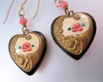 Vintage 14K GF Heart Locket Earrings Enamel & Brass Drop Dangle Jewelry Jewellery