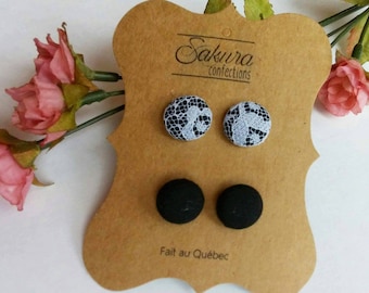 Fabric button earrings earrings buttons fabric - Black Lace - made in Quebec