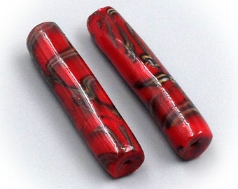 Tube beads for jewelry making, red, polymer clay.