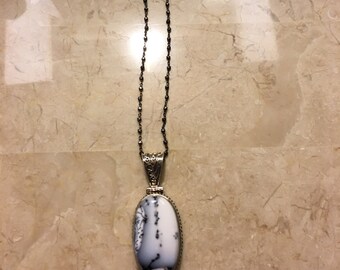 Dendrite Opal Pendant Necklace on a Sterling Silver Oxidized Chain