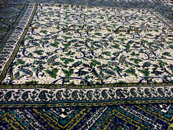 Square tablecloth, block printing art,floral tablecloth wall decor, natural textile 39" inches with tassels