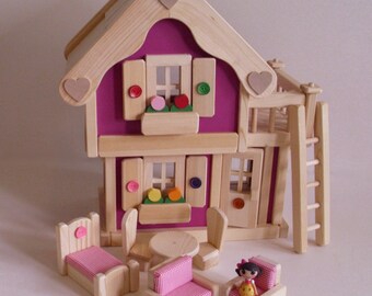 Wooden Doll House, Wood Toy Peg Dollhouse, Natural Wood Furniture,Waldorf inspired, Kids Birthday gift, Jacobs Wooden Toys 'MAGENTA BLOSSOM'