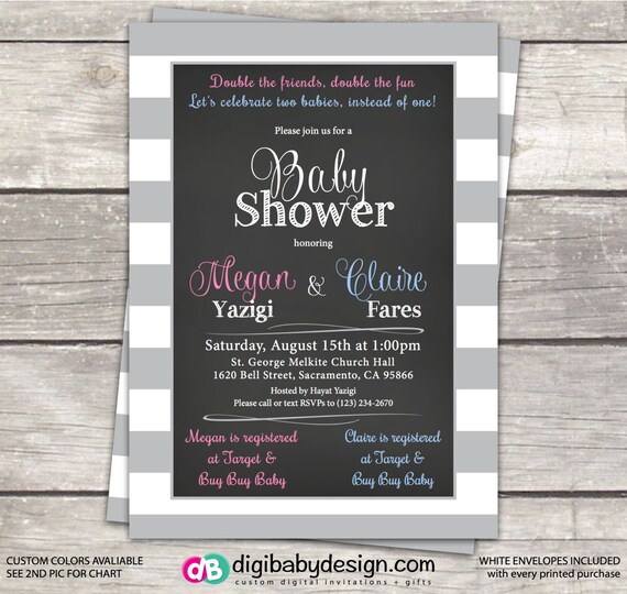 Girls Joint Baby Shower invitation in gray stripes pink blue