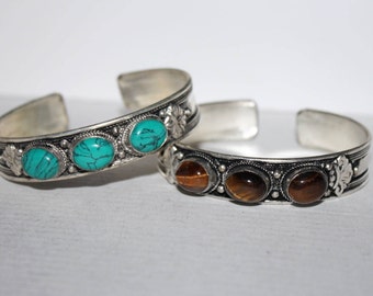 Turquoise bracelet, Tiger eye earrings, Silver bracelet, Boho bracelet, Tribal bracelet, Gypsy bracelet, Hippie bracelet, Tibetan bracelet