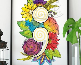 Semicolon Floral Botanical Art Colourful Watercolour Print Mental Health Wellness Awareness