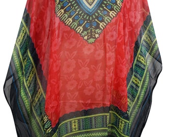 Womens Dashiki Short Kaftan Dress Boho Chic Lightweight Red Printed Kimono Sleeves Beach Cover Up Resort Wear Comfy Caftan ONE SIZE