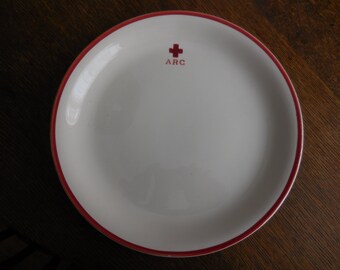Vintage 1950s Homer Laughlin Restaurant Ware White Plates ARC American Red Cross Logo Small Plate Red Trim Debutante
