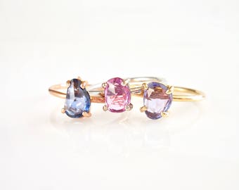 Rose Cut Sapphire Ring - Asymmetrical Sapphire Ring, Sapphire Engagement, Pink, Purple or Blue Sapphires, September Birthstone, 14K Gold