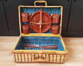 Complete Vintage Wicker, Picnic Basket with set Dinnerware, Boho Basket, Wicker Suitcase