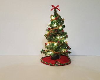 Dollhouse miniature Christmas Tree( Red, Green and Gold Trim) with lights