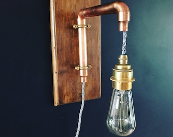 Copper Pipe Industrial Wall Light Wooden Monochrome cable E27 vintage retro bulb