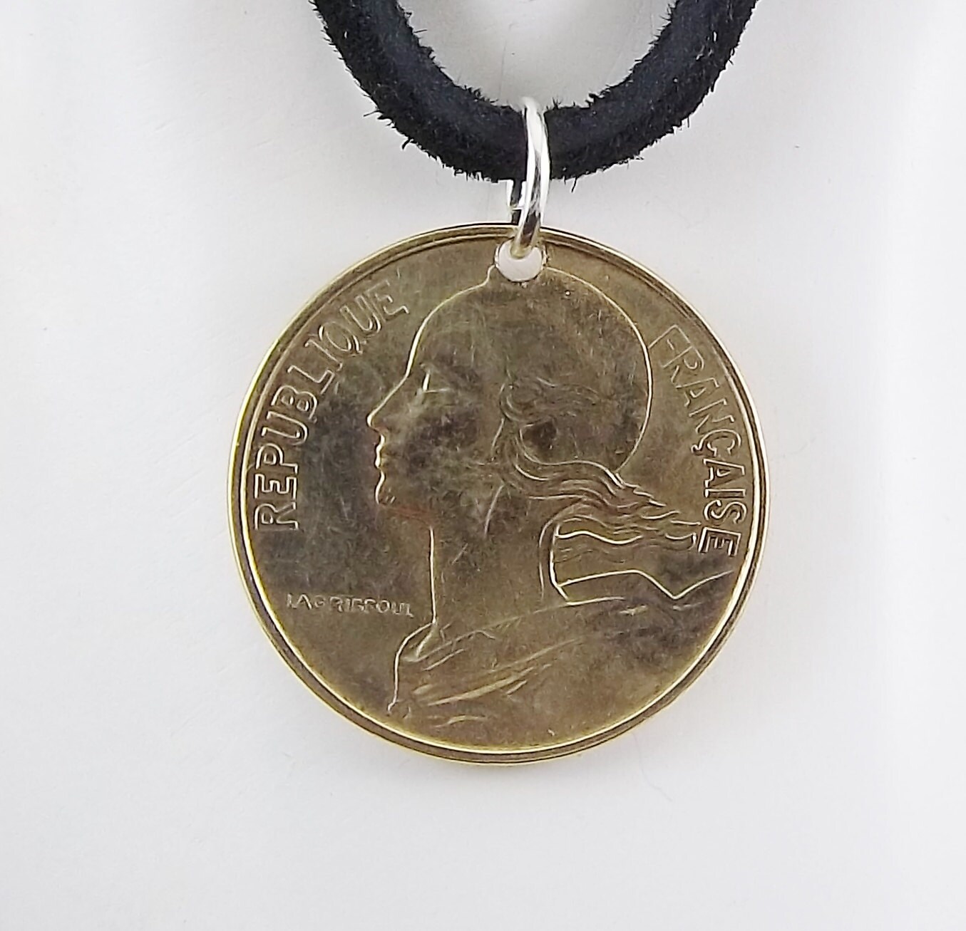 French Coin Necklace 10 Centimes Coin Pendant Leather Cord