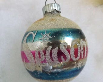 Vintage Shiny Brite Christmas ornament, silver glass "Season's Greetings" mercury glass mica stencil aqua pink white striped ornament