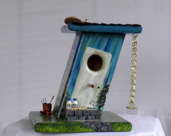 Unique Slanted Birdhouse, Hand Made, Hand Painted Blue with a Swing