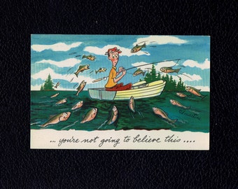 Artist Signed: Martine, Ted ‘You’re Not Going to Believe This...’ comic postcard with man fishing C 1950’s lot #pc115