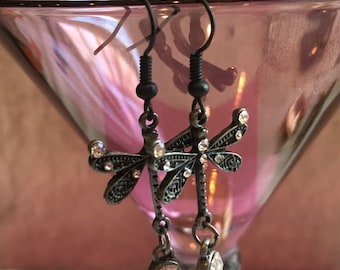 Black dragonfly earrings with crystal dangle