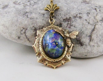 Blue Harlequin Glass Opal Pendant Necklace, Valentines Gift For Her, Mothers Day Gift For Her, Gift For Her.