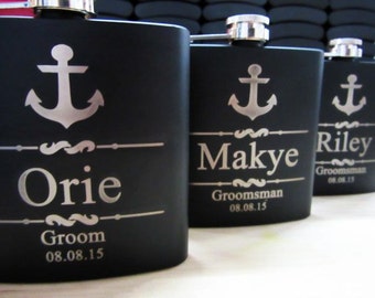Set of 5 Groomsmen Gift Flask with Anchor Design in Black, Best Man, Father of Bride, Father of the Groom, Usher, Master of Ceremony, Groom