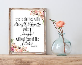 She Is Clothed With Strength And Dignity Print, Girl Quote Print, Quote Printable, Girl Wall Art, Floral Nursery Prints, Nursery Printable