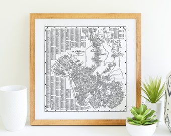 Glendale California Map, Glendale Print, Glendale Map, Canvas Art, Vintage Map, 16x16, 16x20, 20x20, 20x24, 24x30, 30x30 Inch