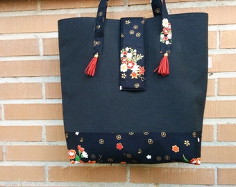 Canvas tote bag,black tote,flower tote,tassel tote bag,oirnetal print,oriental bag,oriental print fabric,floral totes,flowers tote bag