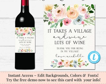 Custom Wine Label, Editable Wine Label, It Takes a Village Wine Label, DIY Wine Label, Instant Bottle Label, Download Sticker, Templett