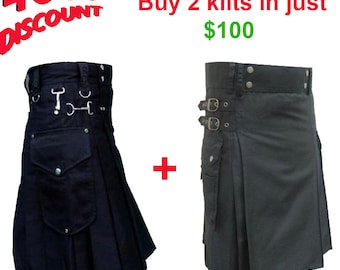 Buy 2 utiltiy kilts in just 100 USD, mens kilts deal, mens utility kilts discount, etsy deals for mens, black utility kilts, utility kilts