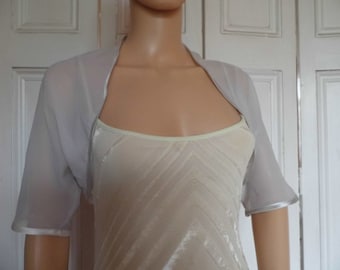 SILVER GREY chiffon ELBOW length sleeve bolero/shrug/jacket with satin edging