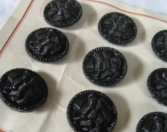 Set of 6 VINTAGE Imitation Fabric Black Glass BUTTONS