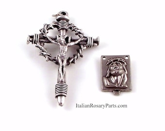 Rosary Center and Crucifix Holy Face of Jesus Virgin of Carmel With Crown of Thorns Nail Crucifix | Italian Rosary Parts