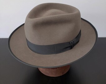Vintage Style Fedora Hat Pure Beaver Fur Felt Granite 7 1/2 60cm
