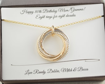 80th Birthday gift for mom and grandma, 8 Mixed metal rings necklace, 8th Anniversary gift for women,Gold filled russian style necklace