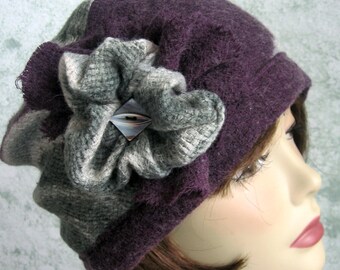 Womens Hat Purple Wool With Green And Cream Abstract Print Trimmed With Fabric Flower And Vintage MOP Button Hair Loss Cap Head Sz 21- 23