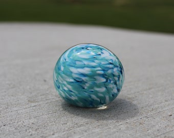 Hand Blown Glass Paperweight- Turquoise with Sky Blue and White
