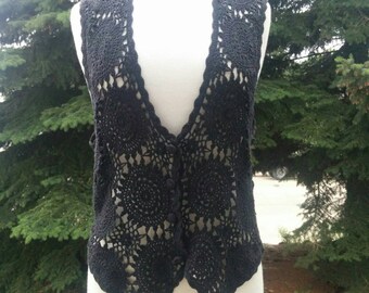 Vintage 90s Black Crochet Vest by Denim Republic Knit Vest Black Web Geometric 1990s Button Up