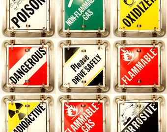 Vintage Metal Sign with 9 Changeable Flip Signs - Poison, Dangerous, Flammable, Radioactive, etc. (c.1980s) - Industrial, Man Cave Decor