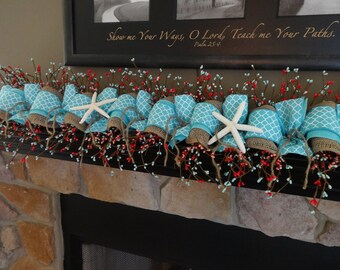 Summer Garland, Beach Garland, Fireplace Mantle, Summer Decoration, Spring Decor, Starfish Beach, Coral and Blue Garland