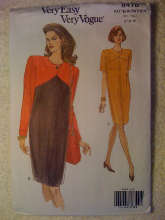 Very Easy Very Vogue 8478 Sewing Pattern 1990s Misses and Misses Petite Dress Size 8-10-12