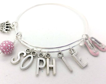 Girls name bracelet, girl name bangle, girls charm bracelet, kids name bracelet, girls charm bangle, kids charm bangle, girls dance bangle