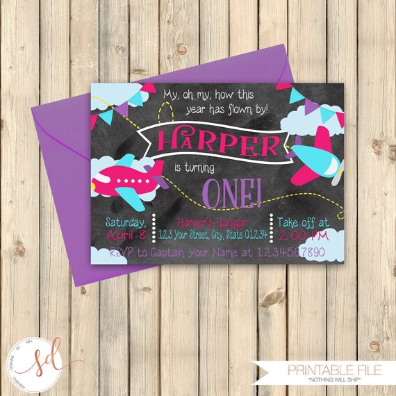 Girl Airplanes Chalkboard Birthday Invitation Take Flight