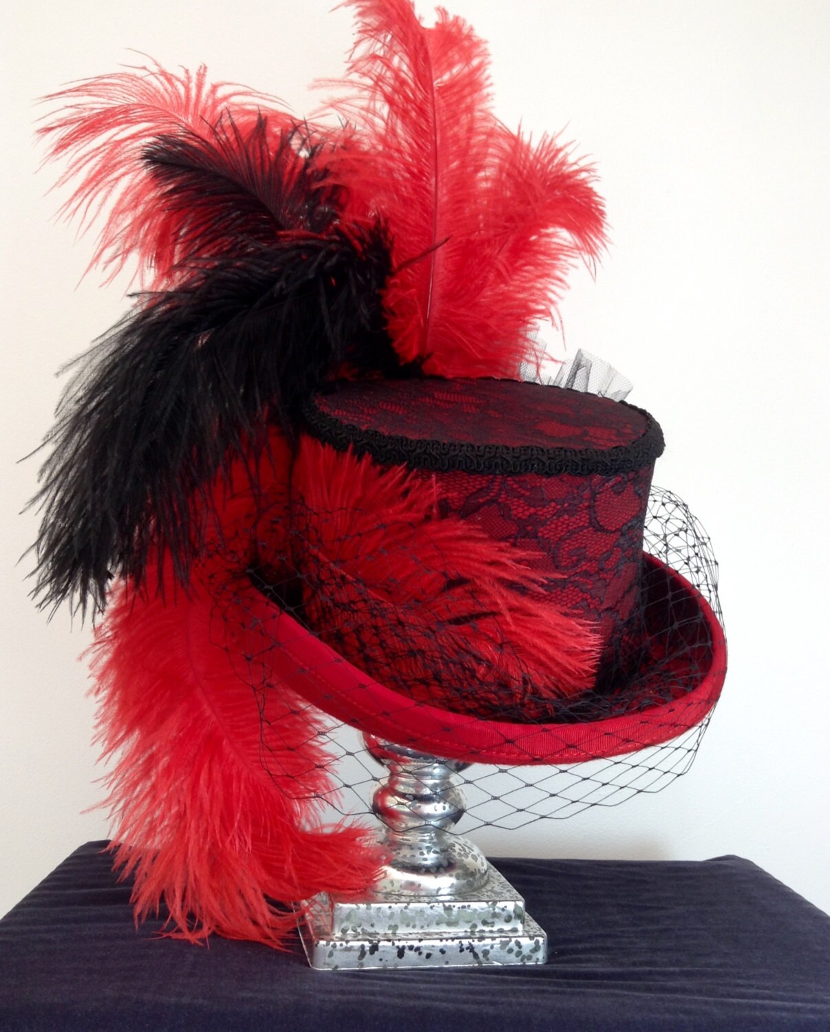 Victorian burlesque red and black lace feathered top hat