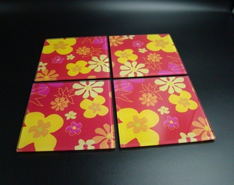 Vintage floral glass drinks coasters red, orange, pink and yellow, 70s flower pattern, set of 4, very bright and cheerful, good quality.