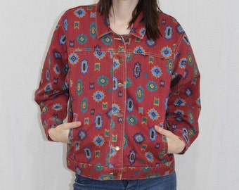 Vintage 80s Terra Cotta Denim ETHNIC Navajo Southwestern Print Jacket S