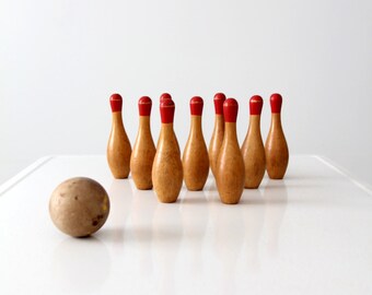 antique table top skittles, old wood bowling game