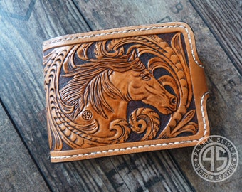 Leather billfold wallet,handmade,hand carved,small wallet